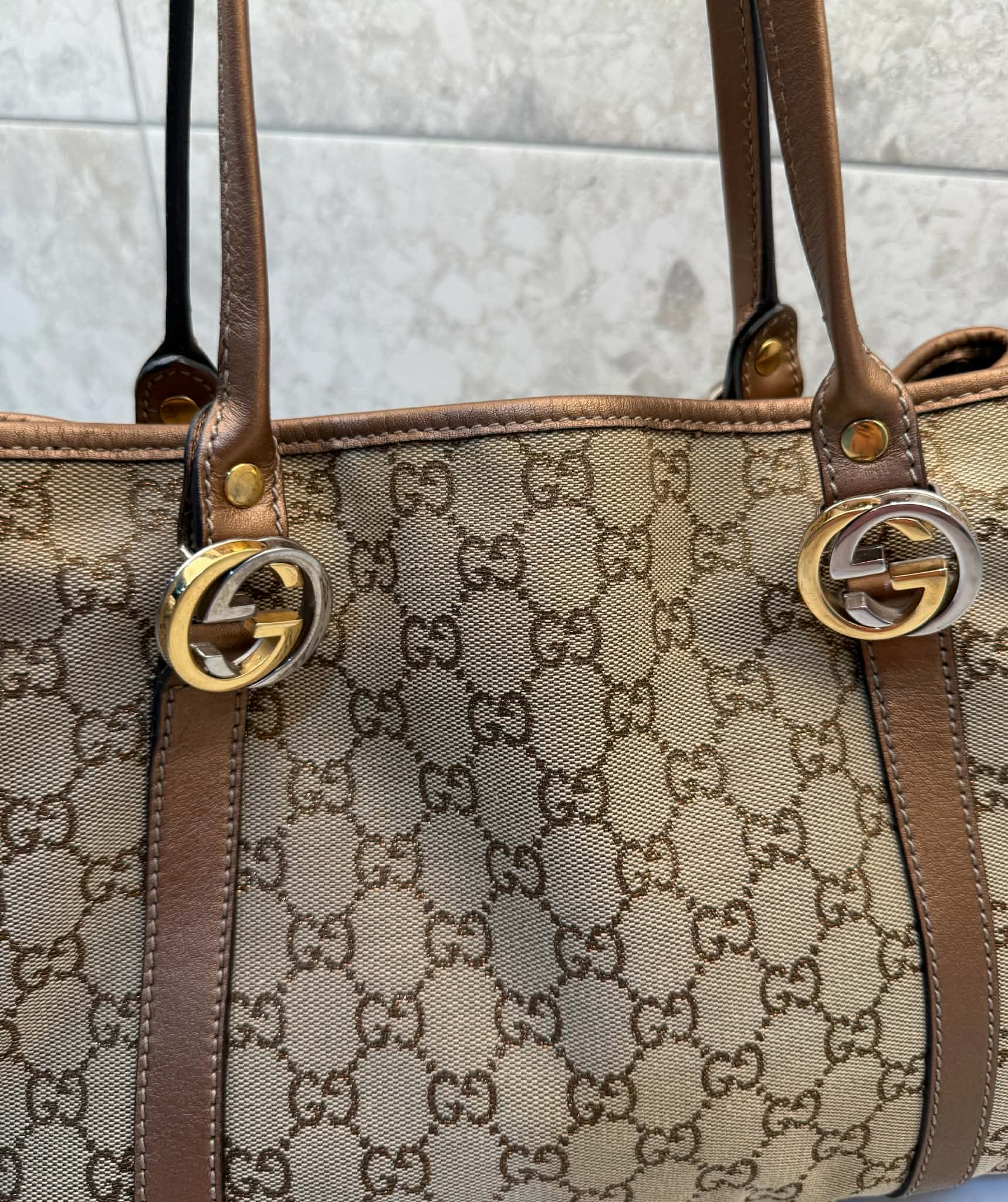 Gucci Beige/Bronze GG Canvas and Leather Large GG Twins Tote