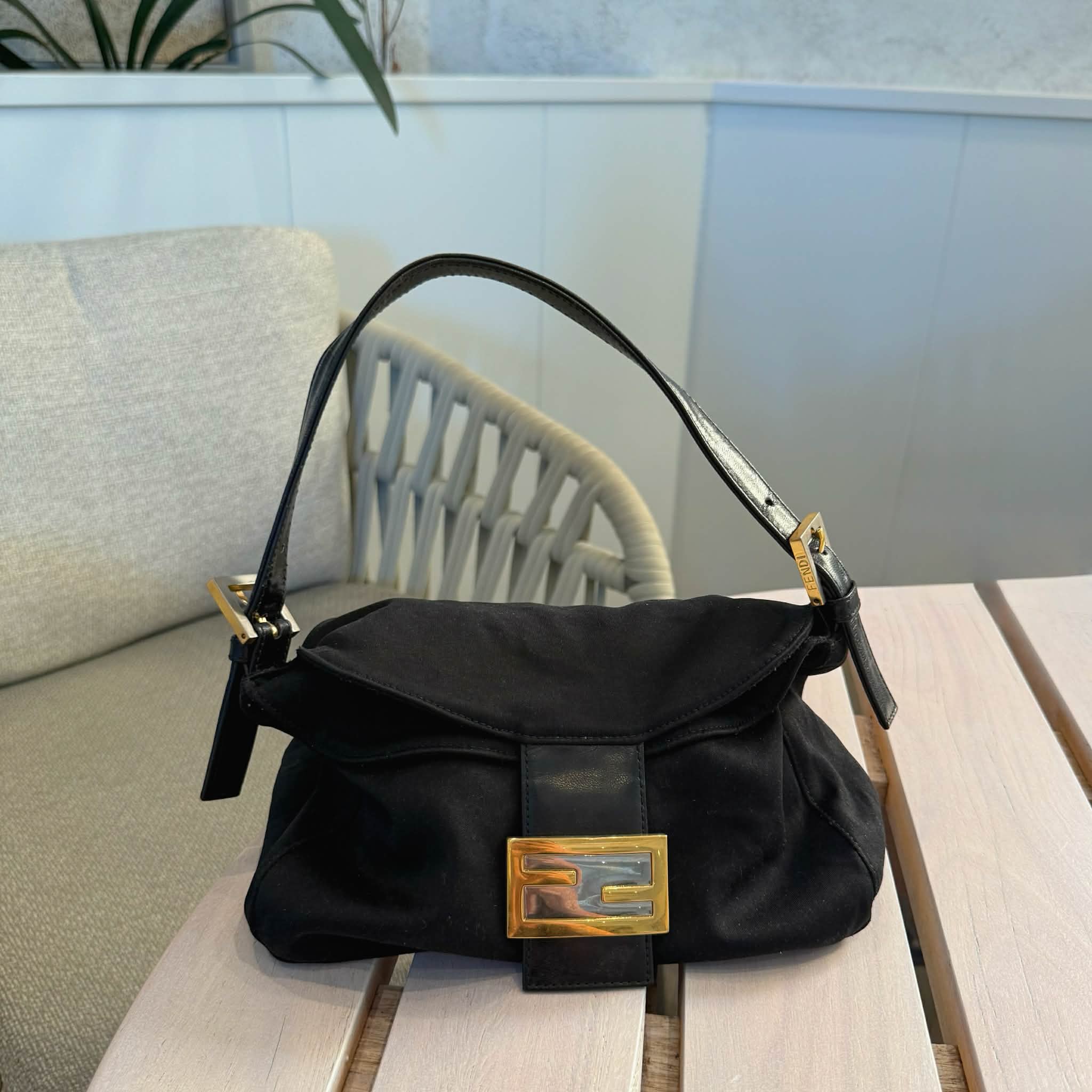 FENDI BLACK WOOL MAMMA BAGUETTE BAG 