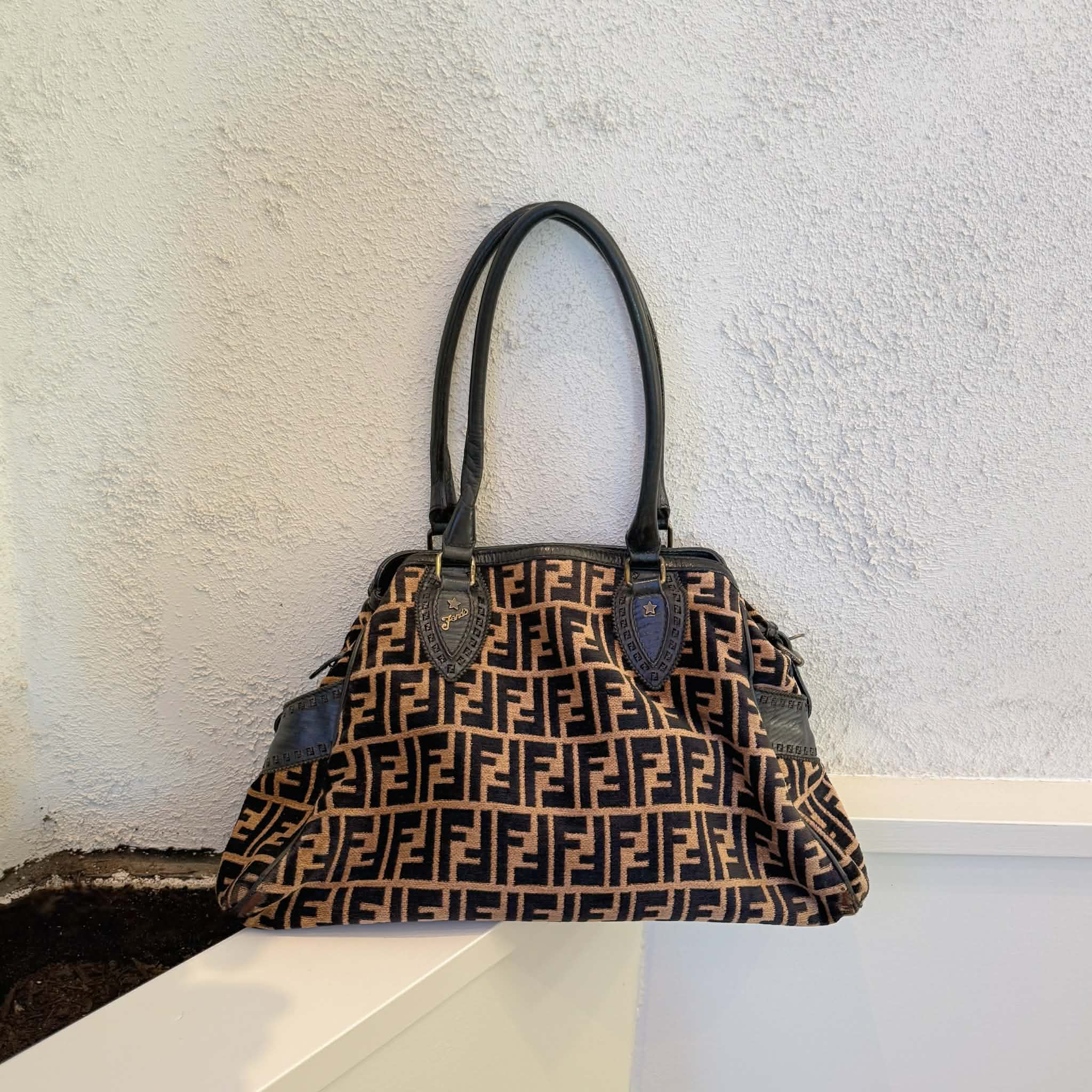 Fendi Black/Tobacco Velvet and Leather Medium Chef De Jour Bag