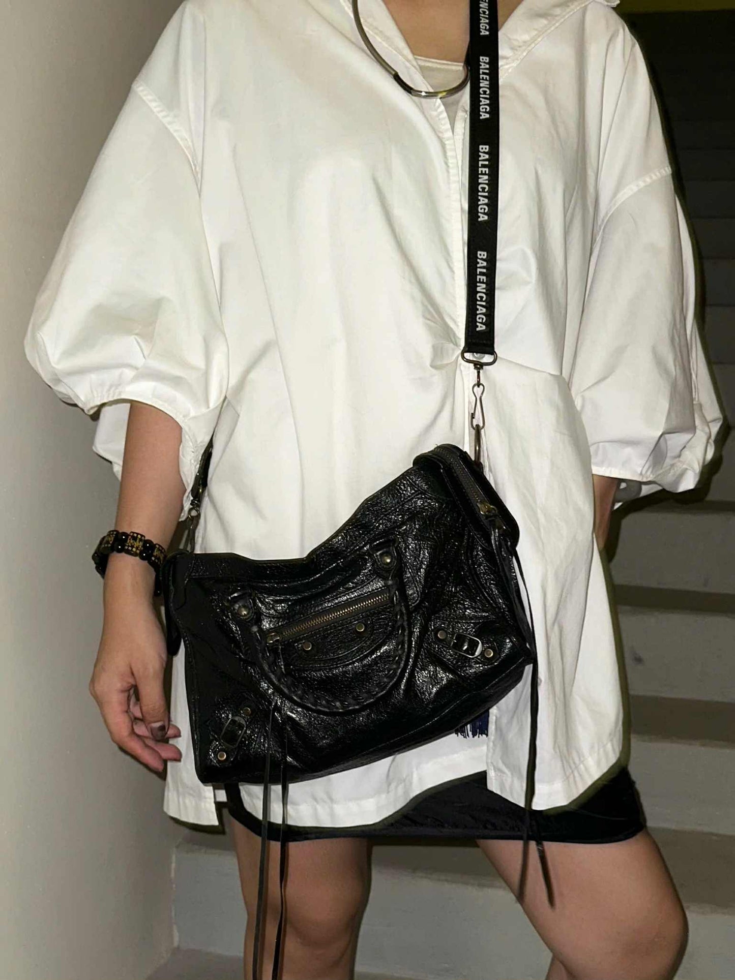 Balenciaga Classic City Black Leather Bag with Logo Strap