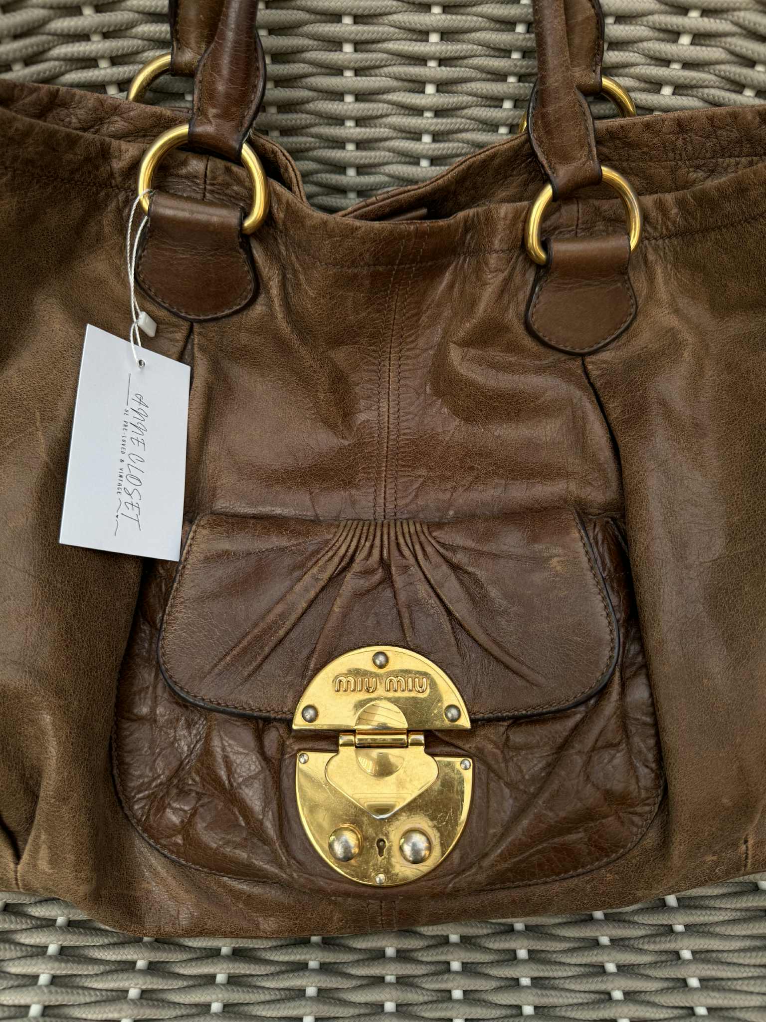 Miu Miu Tan Brown Gold Large Tote Bag 