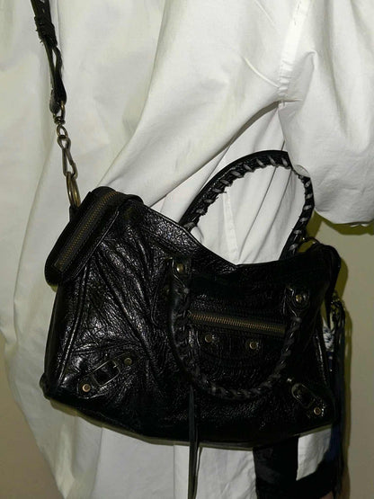 Balenciaga Classic City Black Leather Bag with Logo Strap