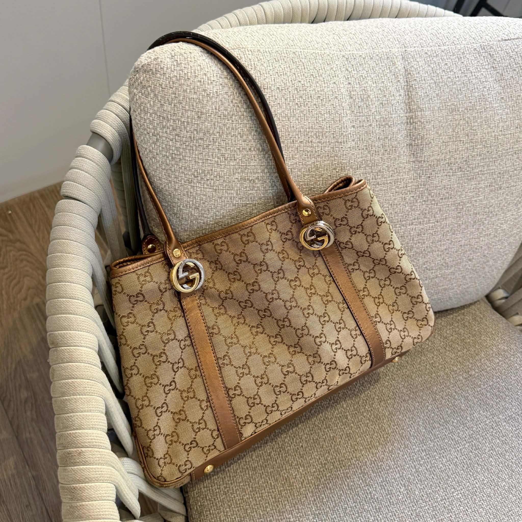 Gucci Beige/Bronze GG Canvas and Leather Large GG Twins Tote