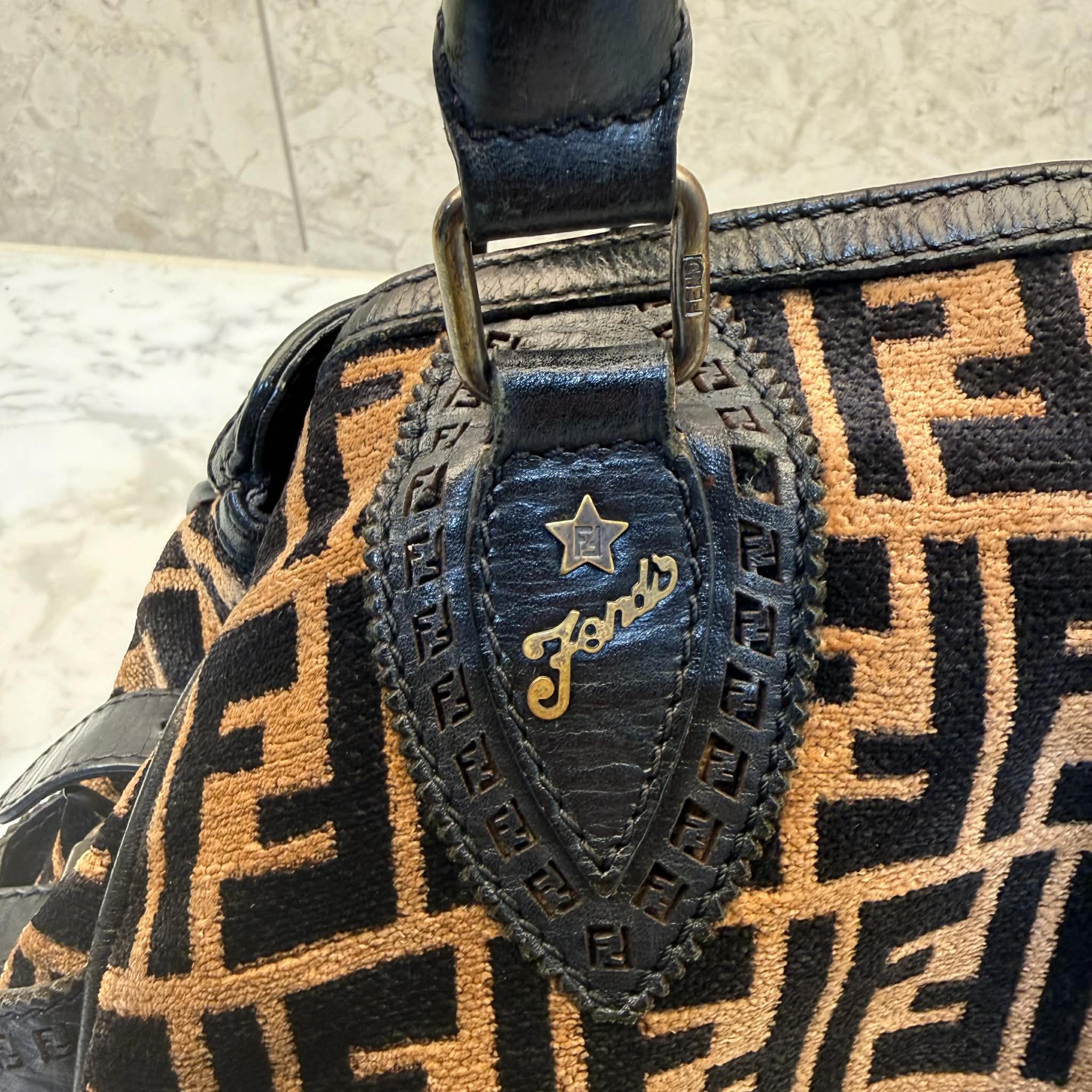 Fendi Black/Tobacco Velvet and Leather Medium Chef De Jour Bag