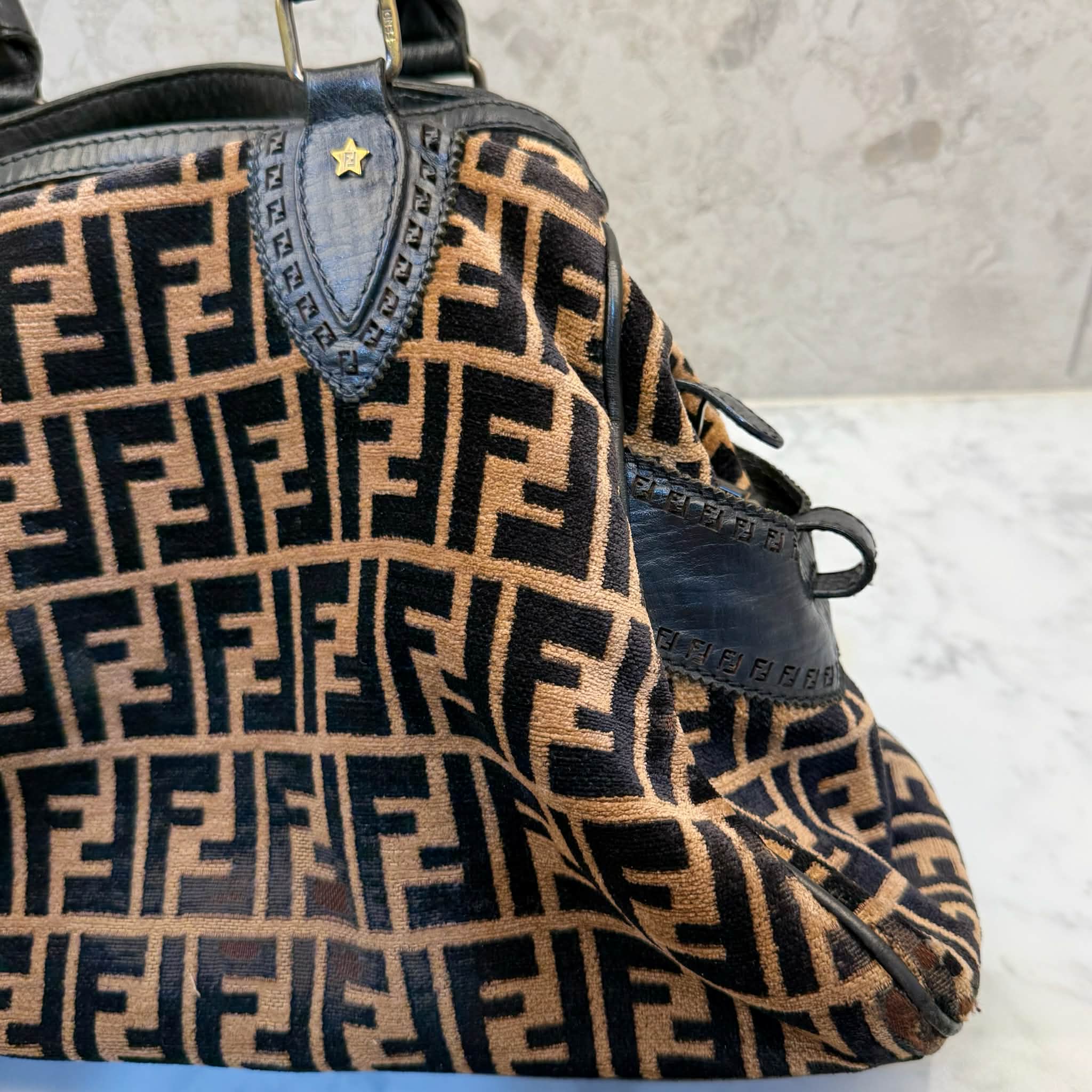 Fendi Black/Tobacco Velvet and Leather Medium Chef De Jour Bag