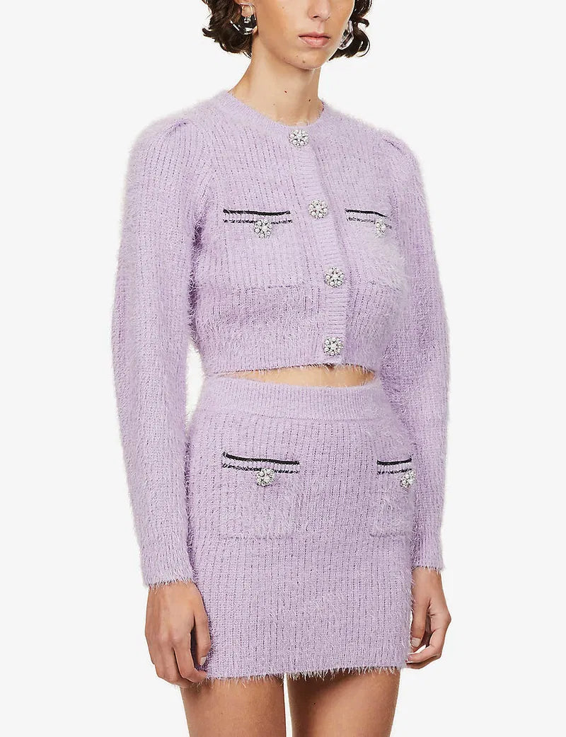 Self Portrait Lilac Fluffy Knit Cardigan/Skirt/Croptop