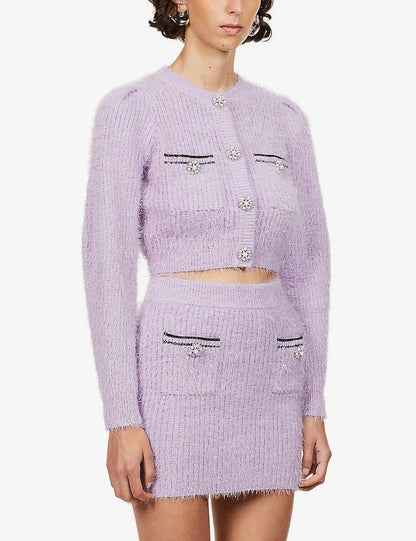 Self Portrait Lilac Fluffy Knit Cardigan/Skirt/Croptop