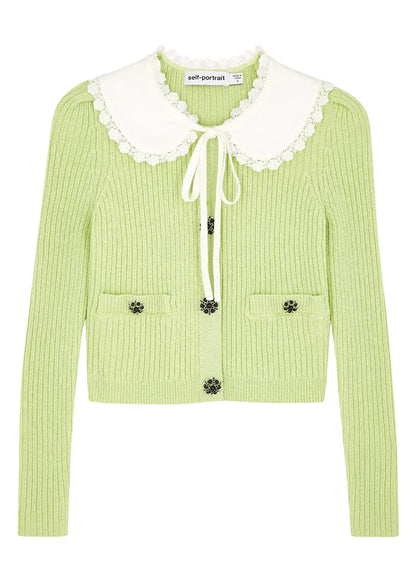Self Portrait Contrast Collar Knit Cardigan - Avocado