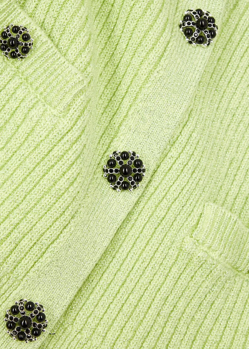 Self Portrait Contrast Collar Knit Cardigan - Avocado