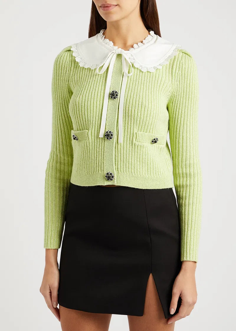Self Portrait Contrast Collar Knit Cardigan - Avocado