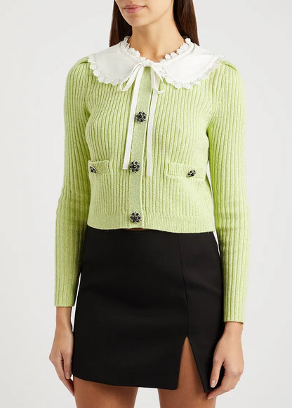 Self Portrait Contrast Collar Knit Cardigan - Avocado