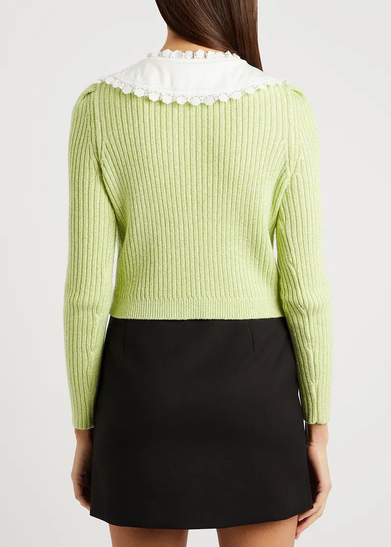 Self Portrait Contrast Collar Knit Cardigan - Avocado