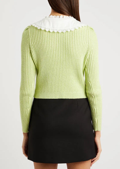 Self Portrait Contrast Collar Knit Cardigan - Avocado