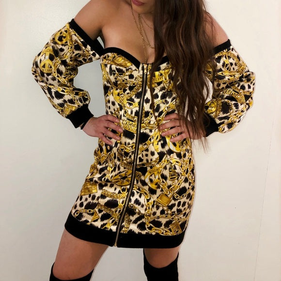 H&M x MOSCHINO Chain Leopard Print Off The Shoulder Dress 