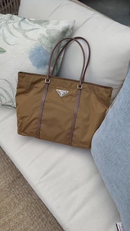 PRADA Bolso Tote Nylon Cuero Caqui