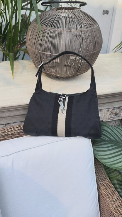 Gucci Jackie Black Beige Canvas Leather Shoulder Bag