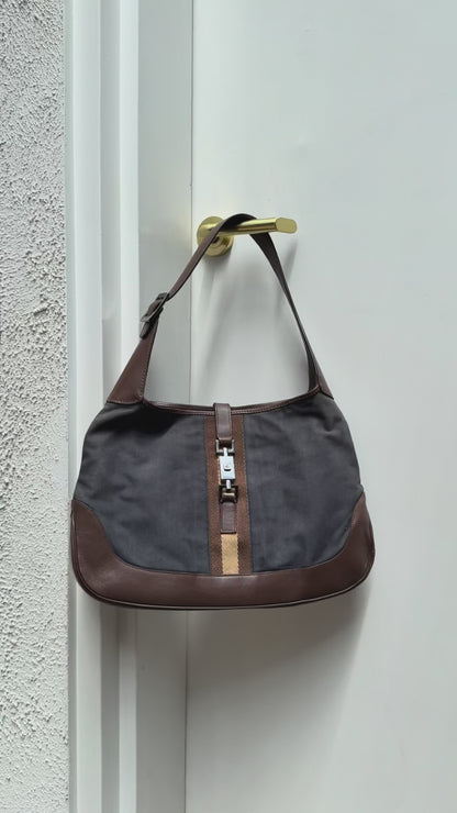 Gucci Vintage Navy Canvas & Brown Leather Jackie Bag