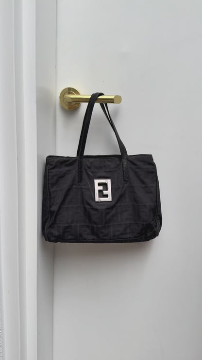 Fendi Silver Logo Mini Zucca Nylon Black Tote Bag