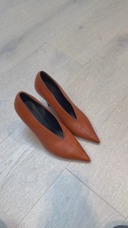Celine Brown Leather V Neck Pointed Toe Pumps