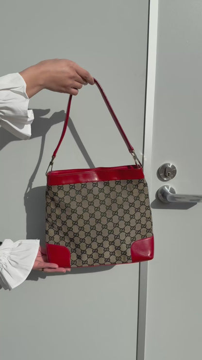 GUCCI GG Canvas One Shoulder Bag Red Leather