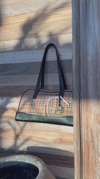Burberry Check Pattern Leather and Canvas Shoulder Bag