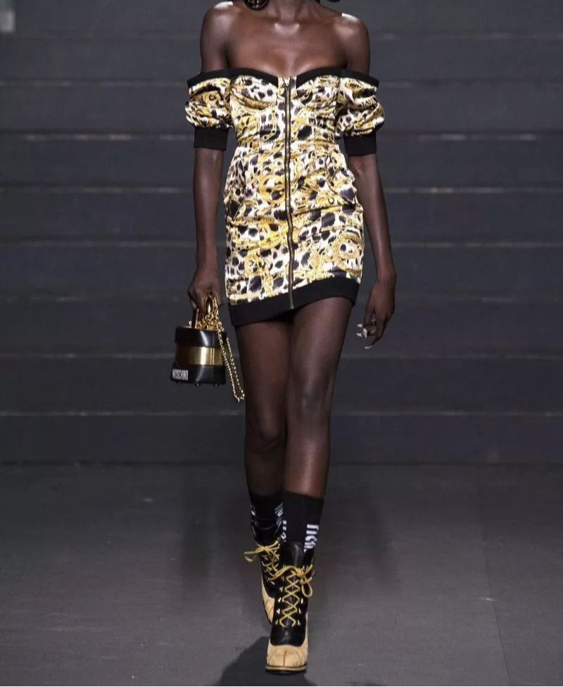 H&M x MOSCHINO Chain Leopard Print Off The Shoulder Dress 